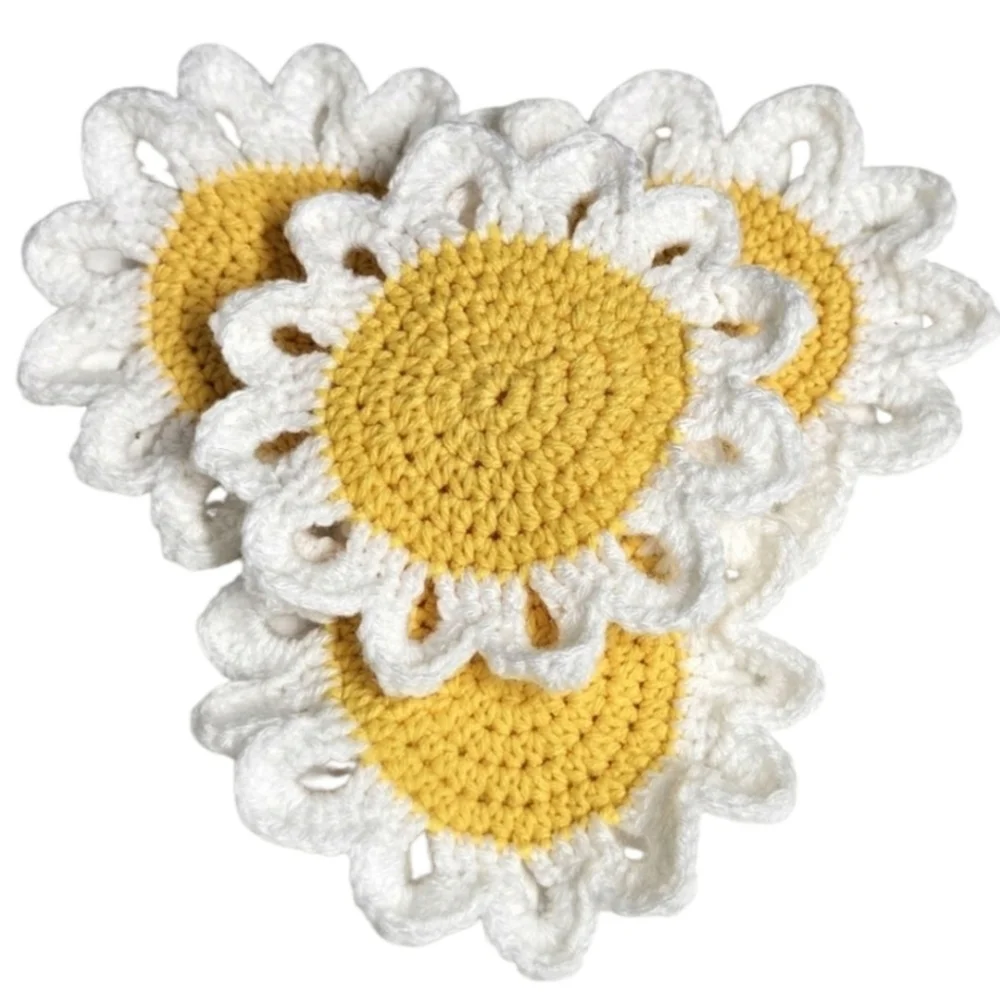Handmade Crochet Daisy Coasters – Set of 4 Yellow & White